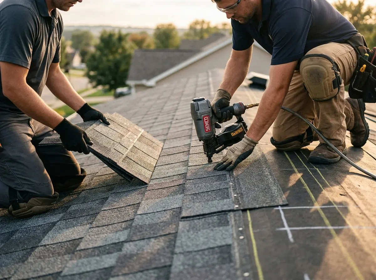 Professional roofer working on a residential roof in Milton-Freewater